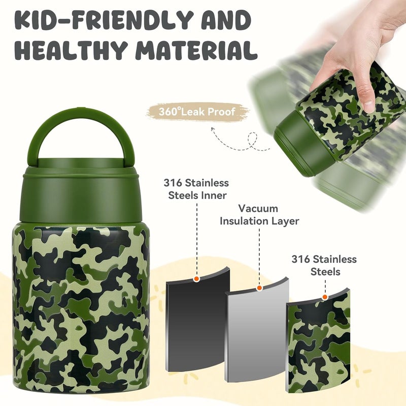 Aimsnk 17oz Soup Thermo for Hot Food Kids Insulated Food Jar,Thermo Hot Food Lunch Container, Width Mouth Stainless Steel Lunch Box for Kids with Handle Folding Spoon(Army Green - Camouflage) - Image 4